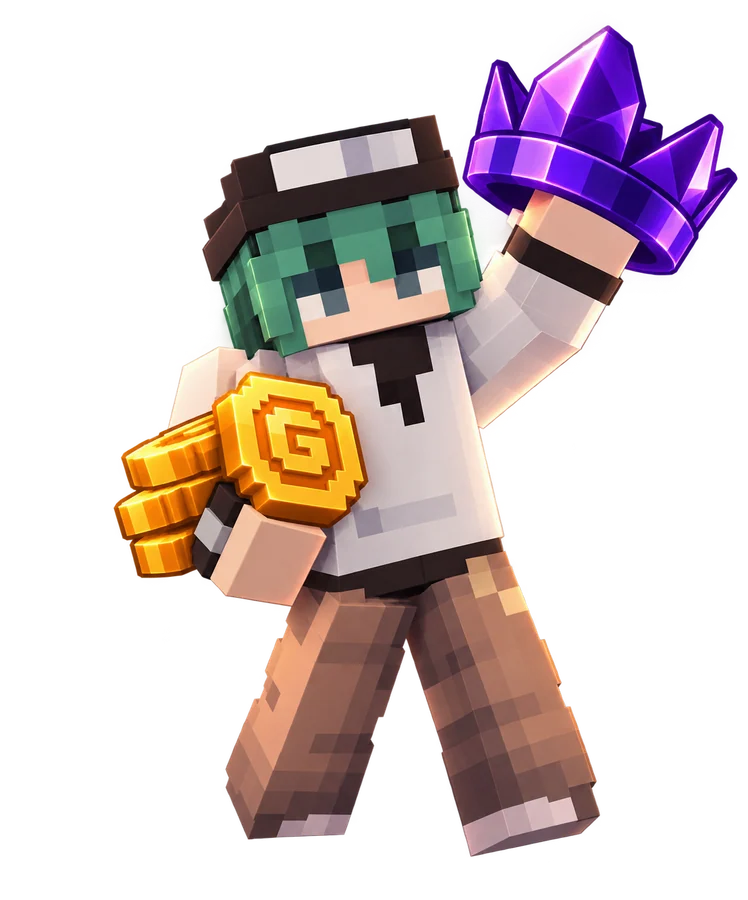 Character holding coins and a purple crystal crown