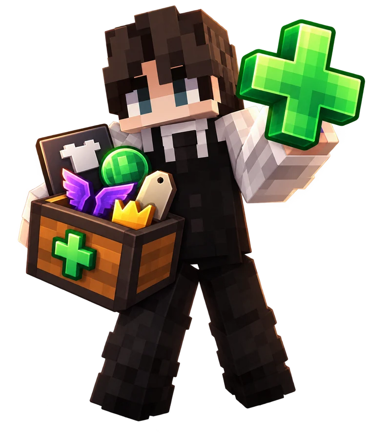 Character carrying a box of extras and a green plus