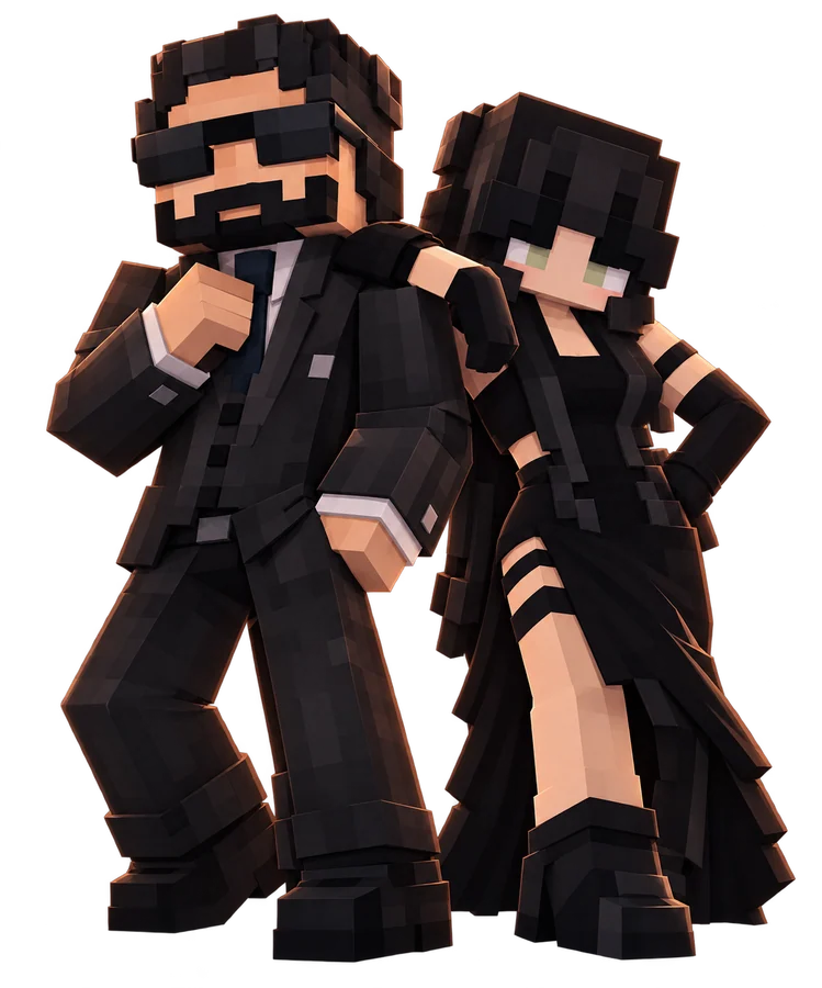 Two patron characters in black formal wear